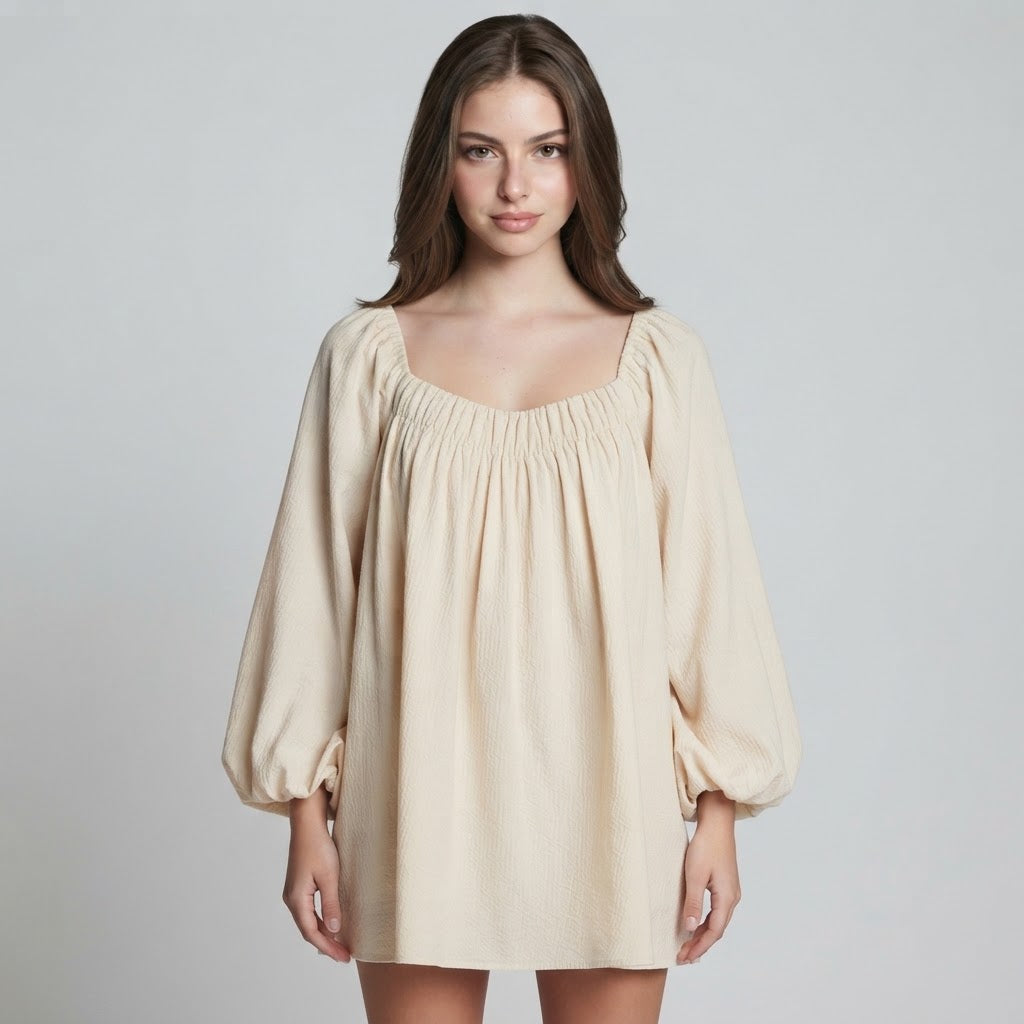 Flowy Mini Dress with Balloon Sleeves – Product Image | Celina Studio