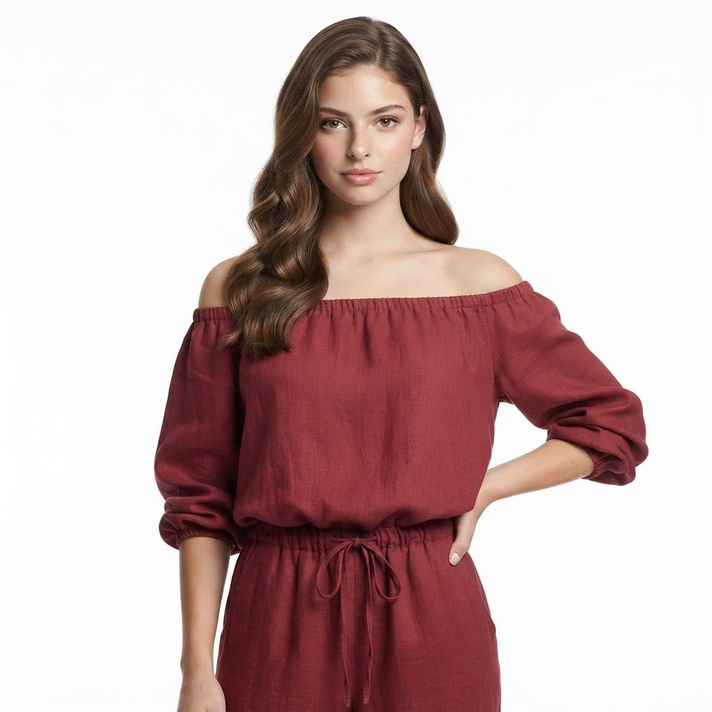 Off-Shoulder Top and Wide-Leg Pants Set – Product Image | Celina Studio