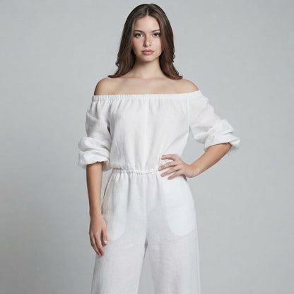 Off-Shoulder Top and Wide-Leg Pants Set – Front View | Celina Studio