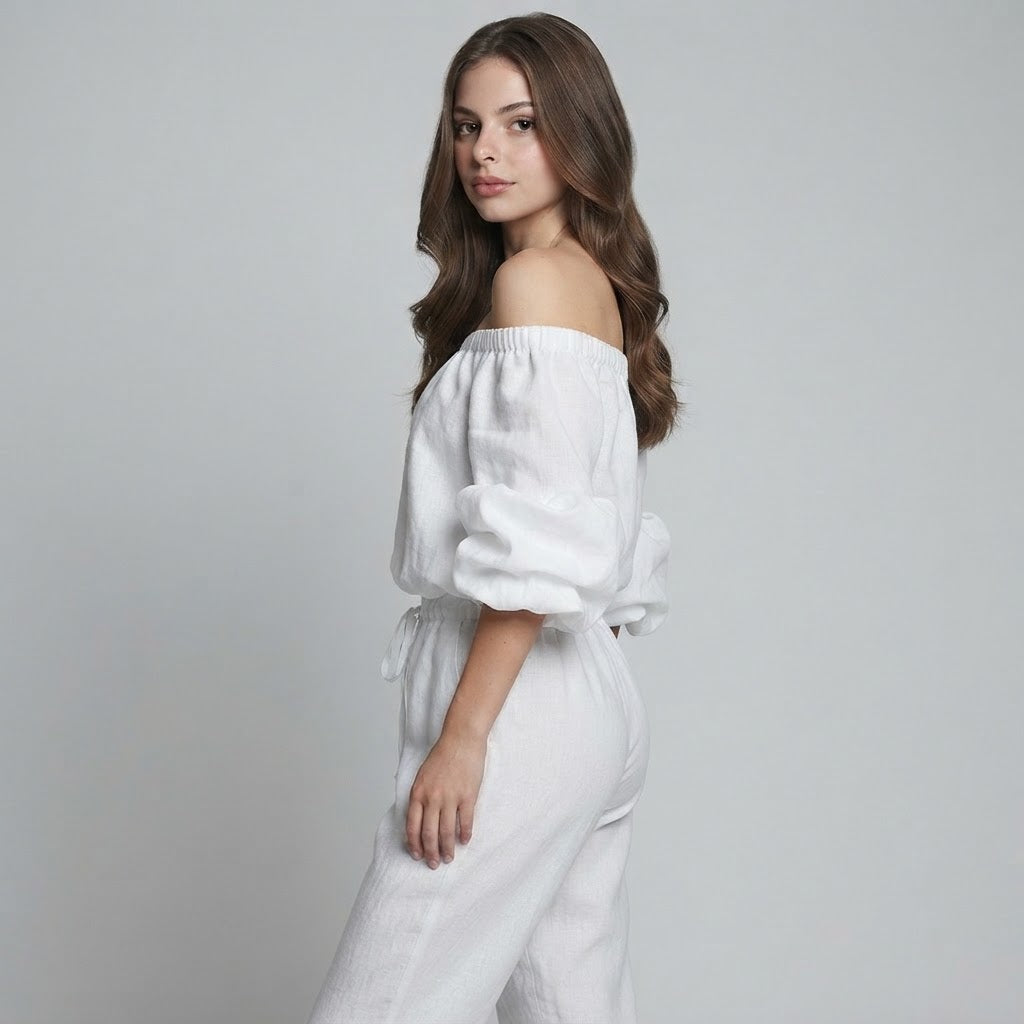 Off-Shoulder Top and Wide-Leg Pants Set – Back View | Celina Studio