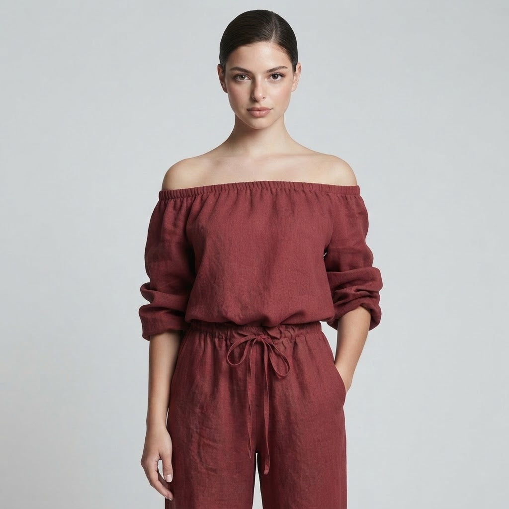 Off-Shoulder Top and Wide-Leg Pants Set – Color Option | Celina Studio