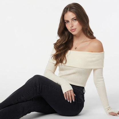 Off-Shoulder Ribbed Knit Sweater
