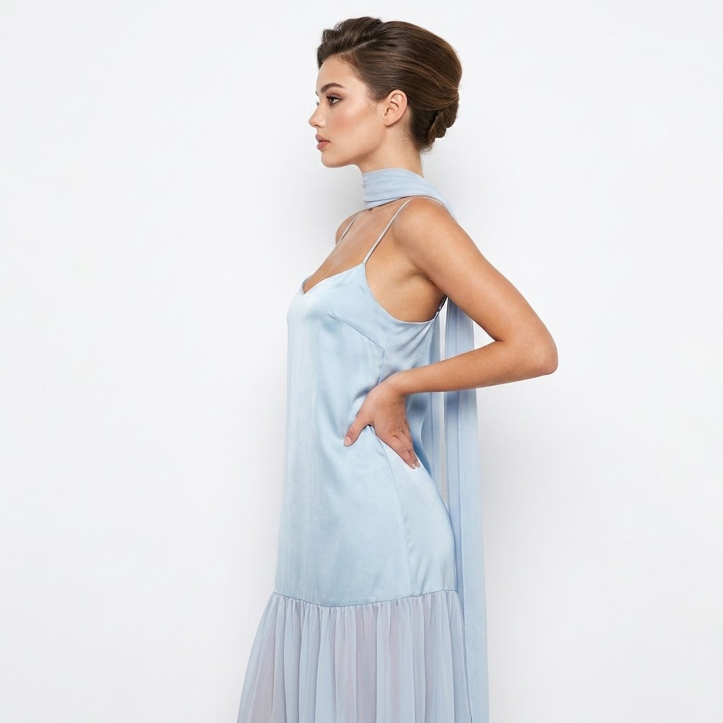 Adjustable Strap Maxi Cami Dress with Scarf – Scarf Detail | Celina Studio