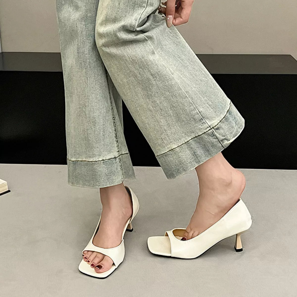 Ivory Open-Toe Low-Flare Heel Sandals – Front View | Celina Studio