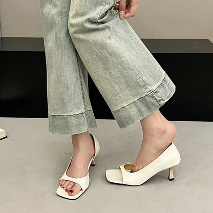 Ivory Open-Toe Low-Flare Heel Sandals – Front View | Celina Studio