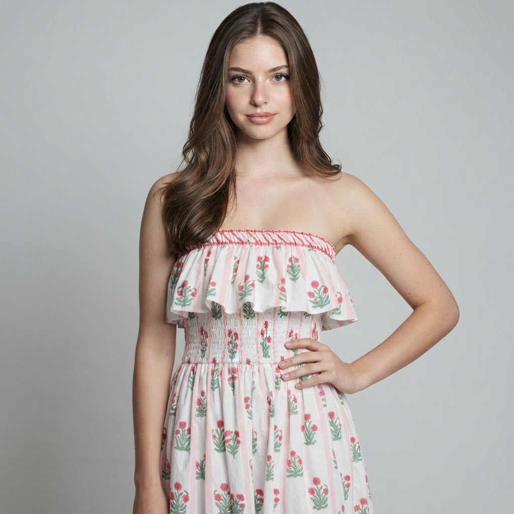 Floral Strapless Ruffle Dress – Front View | Celina Studio