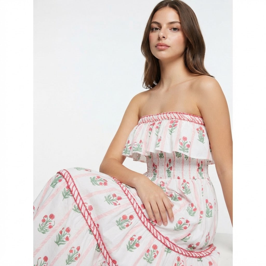 Celina Studio Floral Strapless Ruffle Dress – Floral Print Detail Close-Up