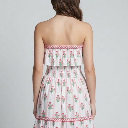 Floral Strapless Ruffle Dress – Back View | Celina Studio