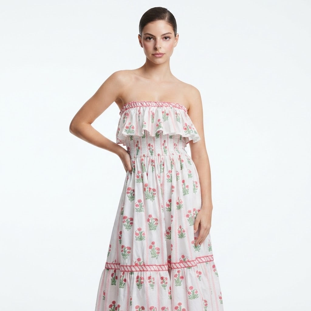 Floral Strapless Ruffle Dress – Side View | Celina Studio