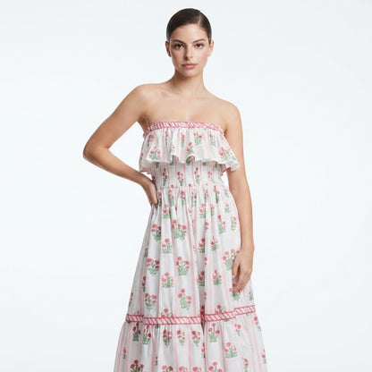 Floral Strapless Ruffle Dress – Side View | Celina Studio