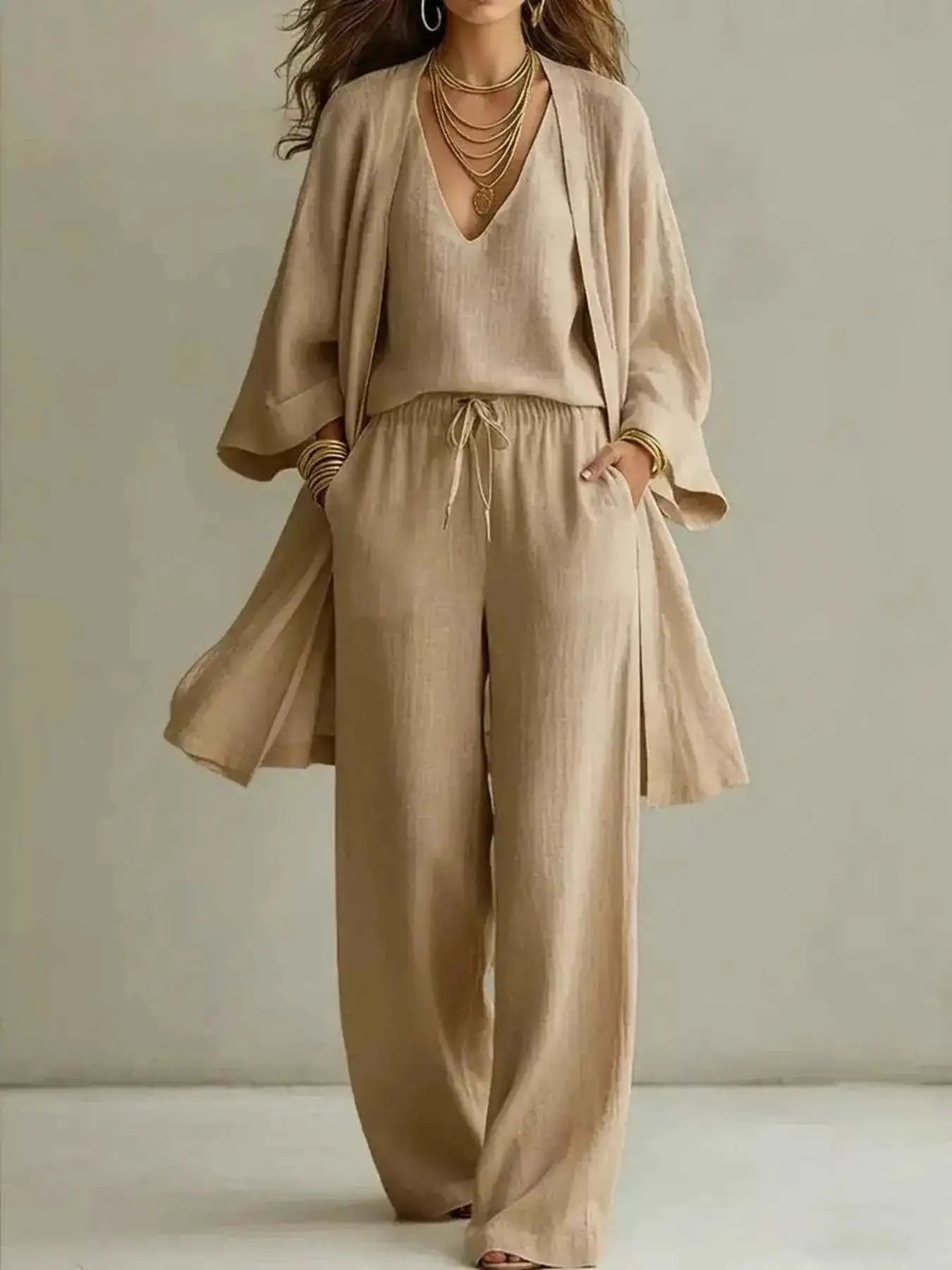V-Neck Top & Cardigan & Pants Three-Piece Set