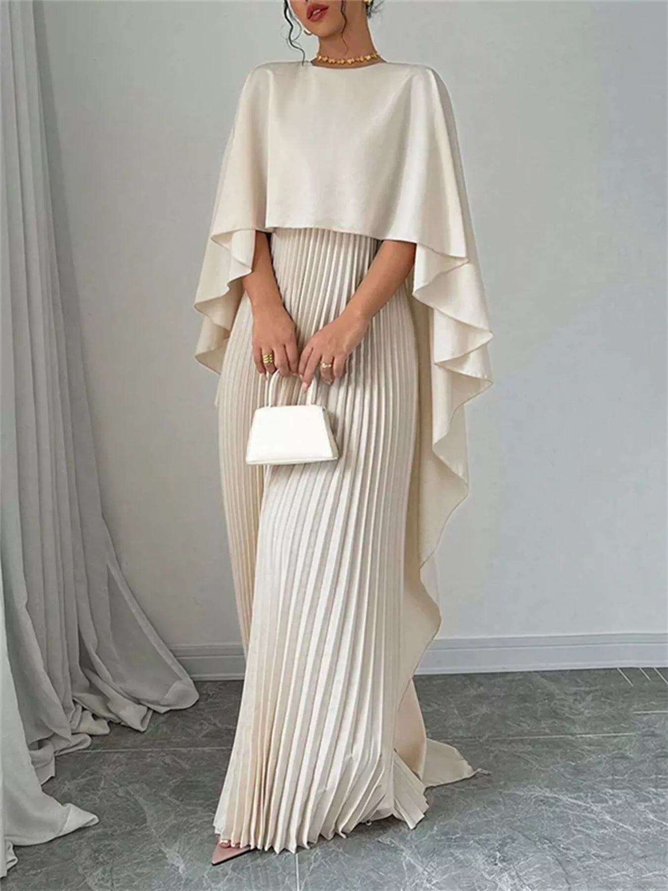 Pleated Cape Maxi Dress – Black Color Option | Celina Studio