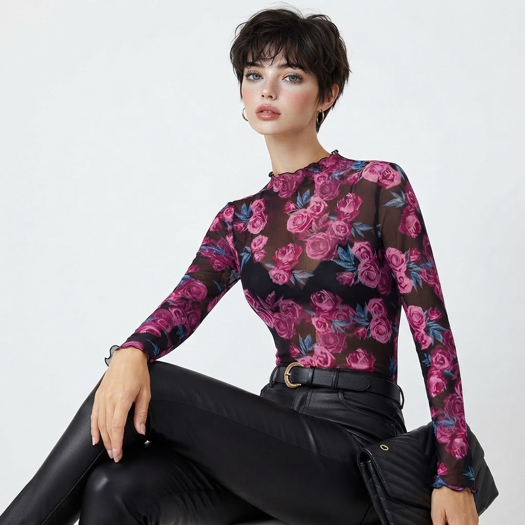 Floral Mock Neck Long Sleeve Top