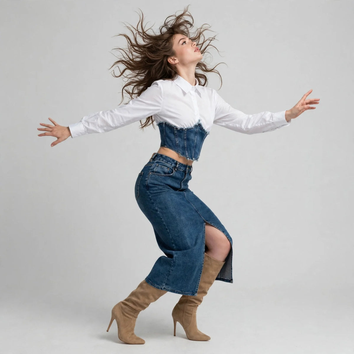 Woman mid-jump, hair flying, in white shirt, denim corset top, dark denim midi skirt with slit, tan boots, grey backdrop.