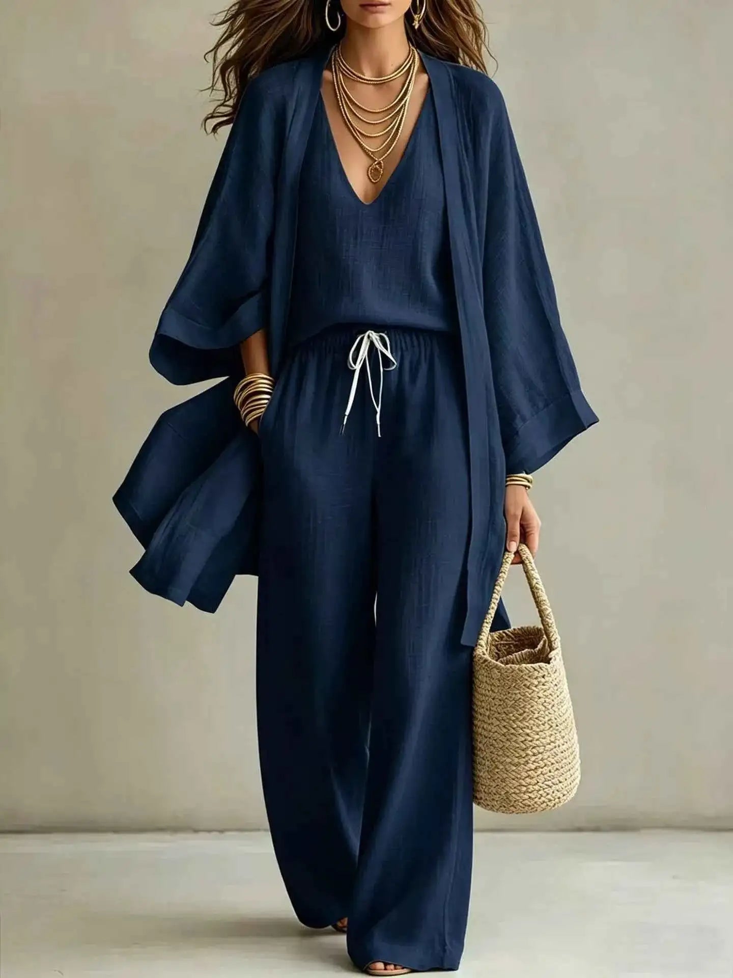 V-Neck Top & Cardigan & Pants Three-Piece Set