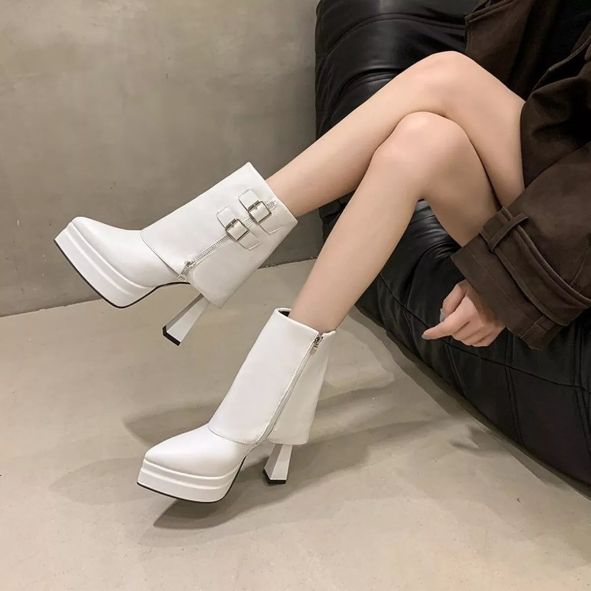White Point-Toe High-Heel Boots – Side View | Celina Studio