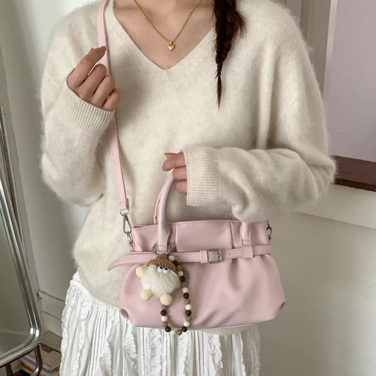 Pink Medium PU Leather Handbag – Front View | Celina Studio