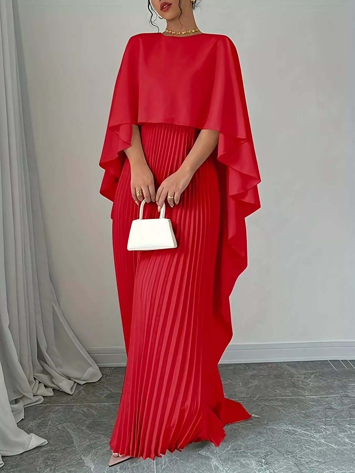 Pleated Cape Maxi Dress – Formal Event Styling View | Celina Studio