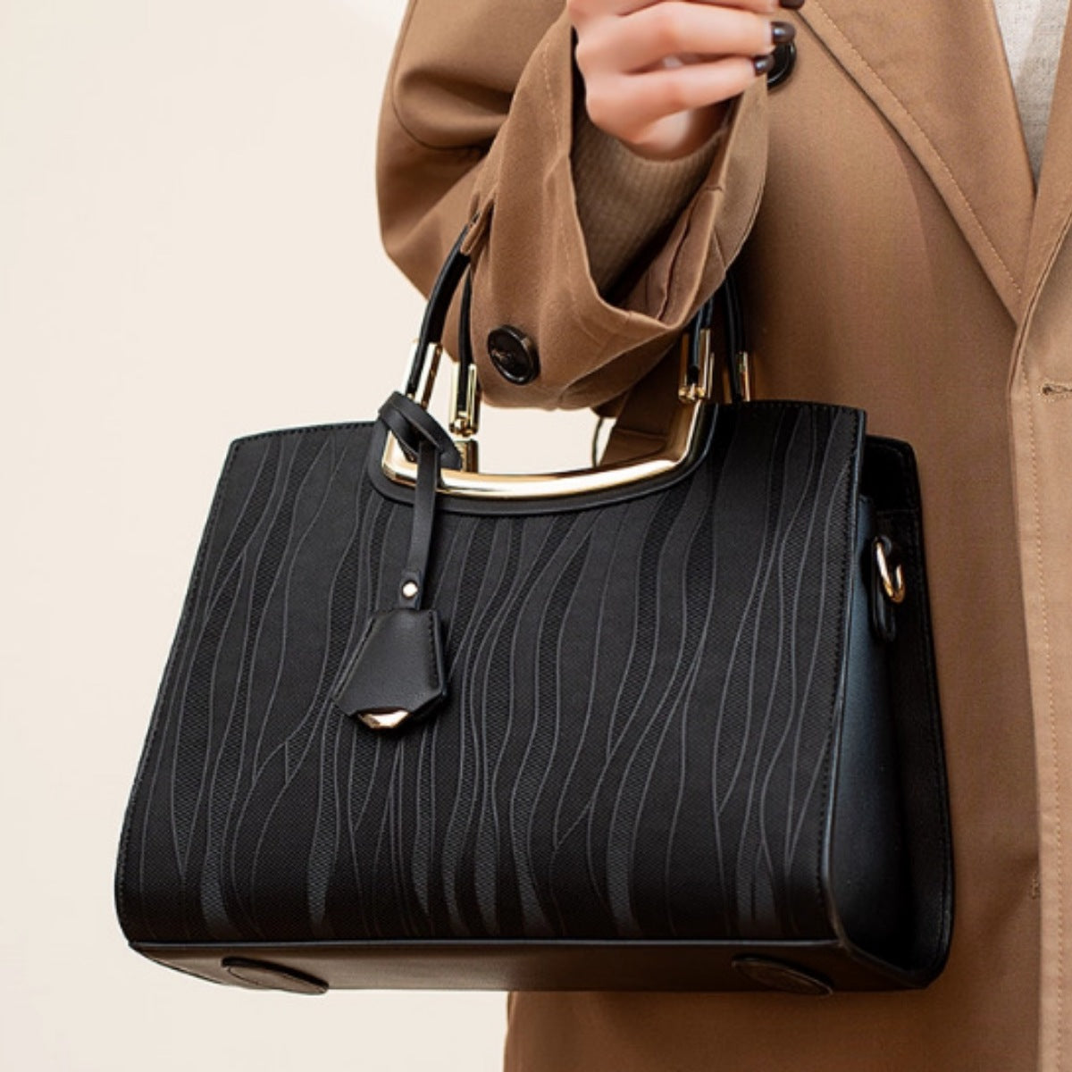 Textured PU Leather Top-Handle Handbag – Front View | Celina Studio