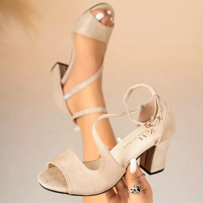 Off-White Peep-Toe Mid-Heel Block Sandals – Back View | Celina Studio