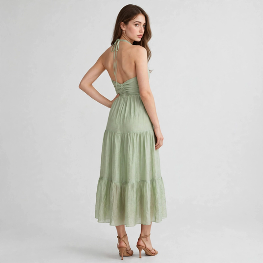 Back view of a woman in a sage green halter-neck tiered maxi dress with neck tie and open back, gray studio background.