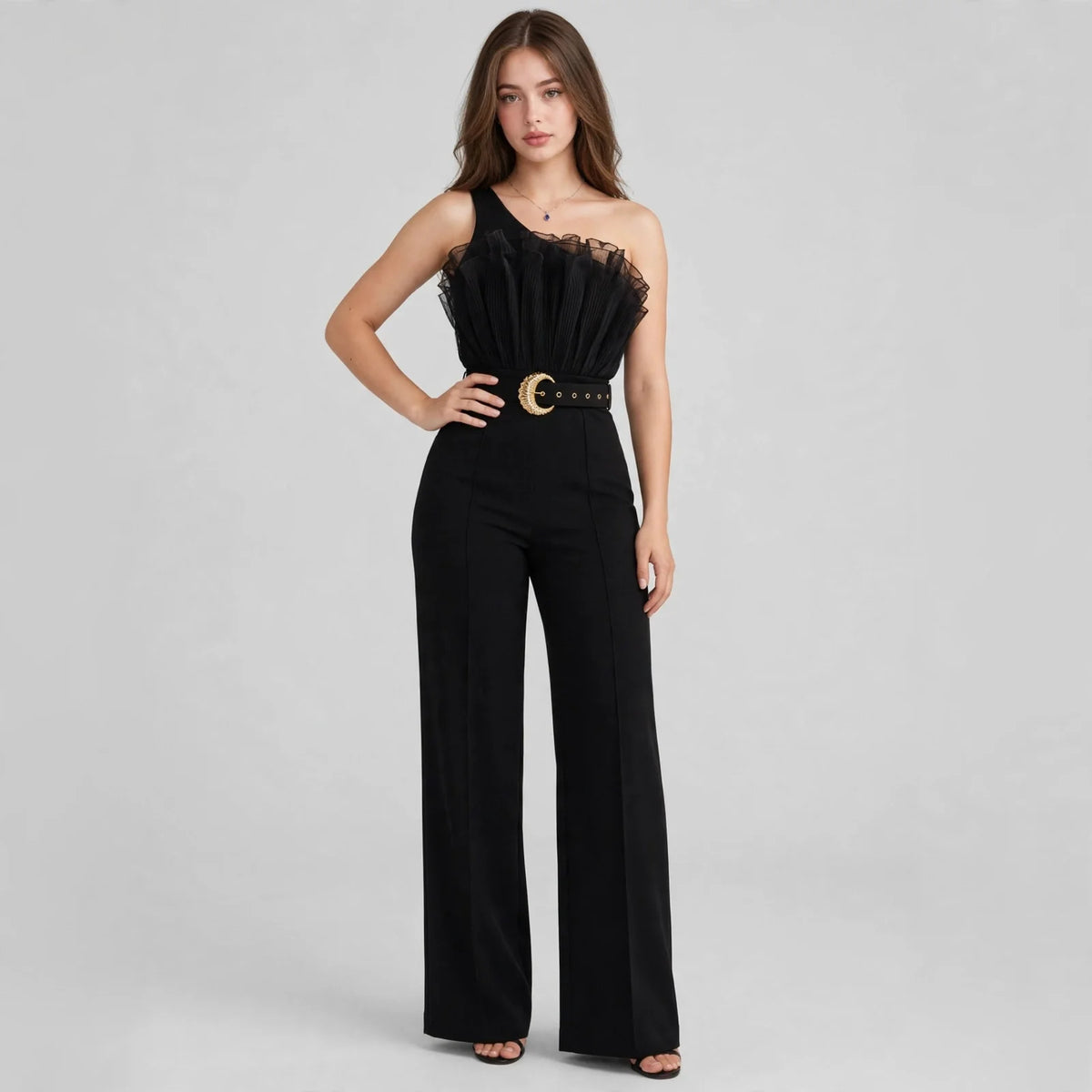 One-shoulder ruffle jumpsuit on model, front view