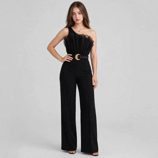 One-shoulder ruffle jumpsuit on model, front view