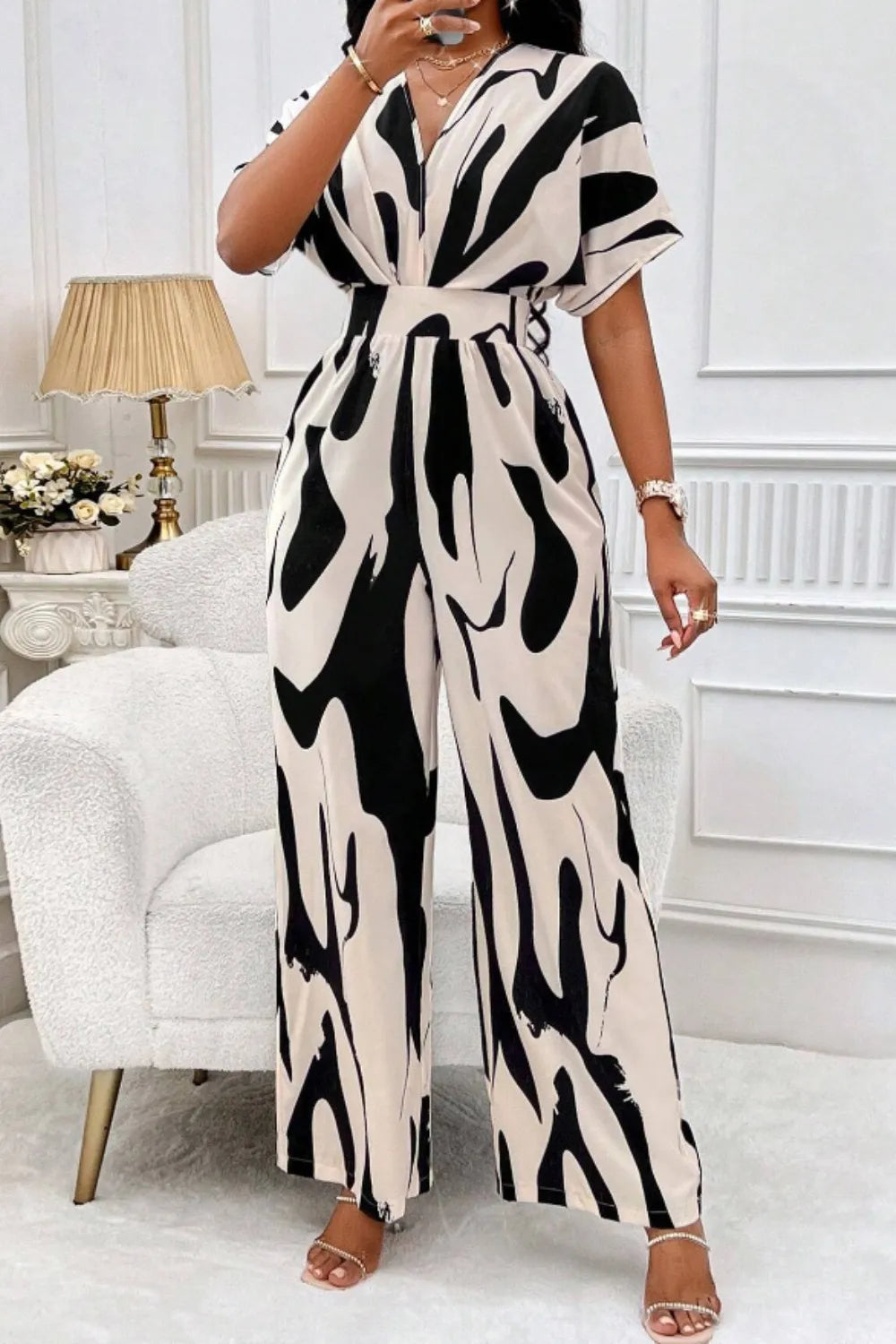 Printed V-Neck Short Sleeve Wide Leg Jumpsuit – Back View | Celina Studio