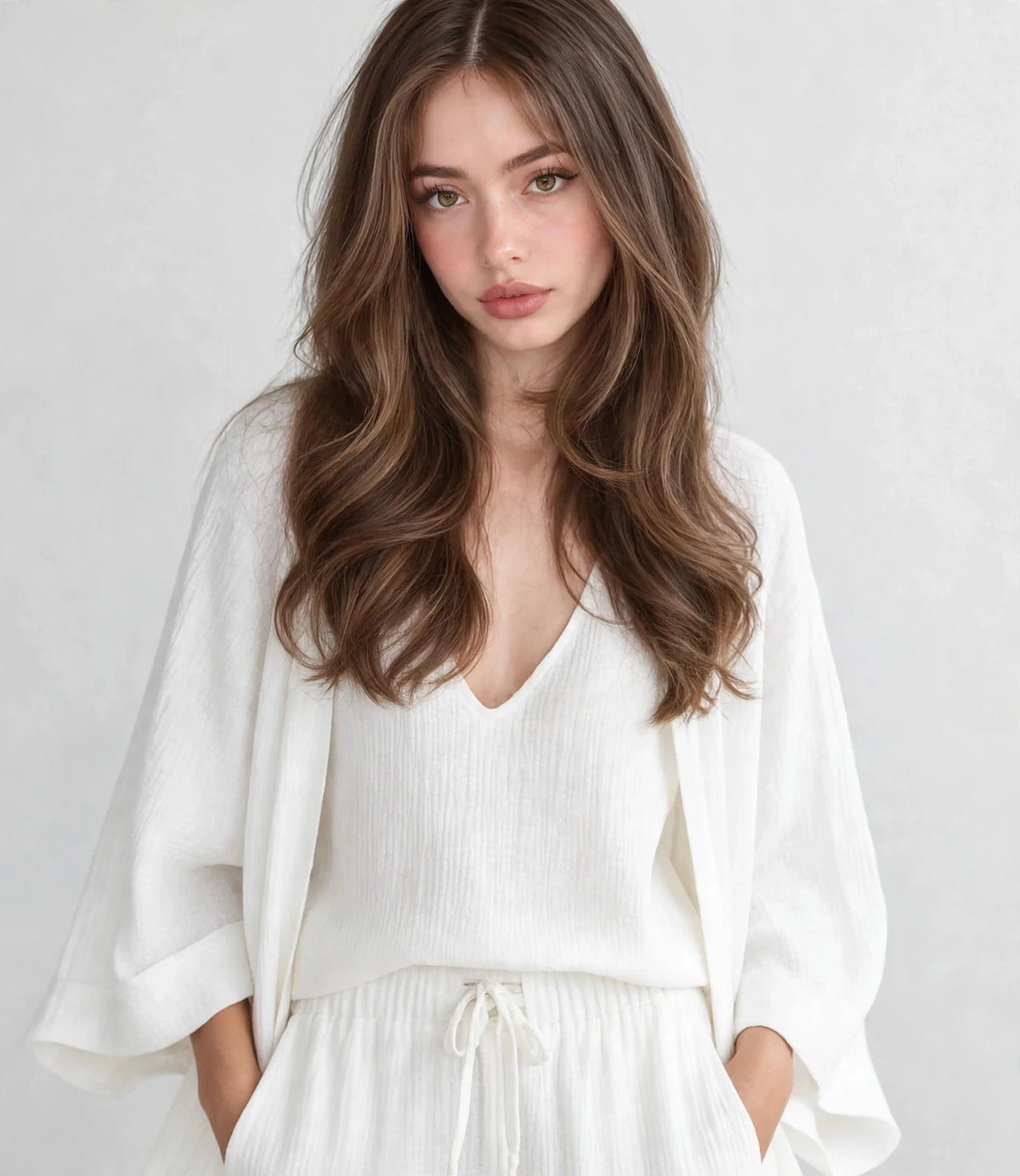 Woman in a white V-neck top, open cardigan and drawstring pants set, hands in pockets, upper-body view, gray background.