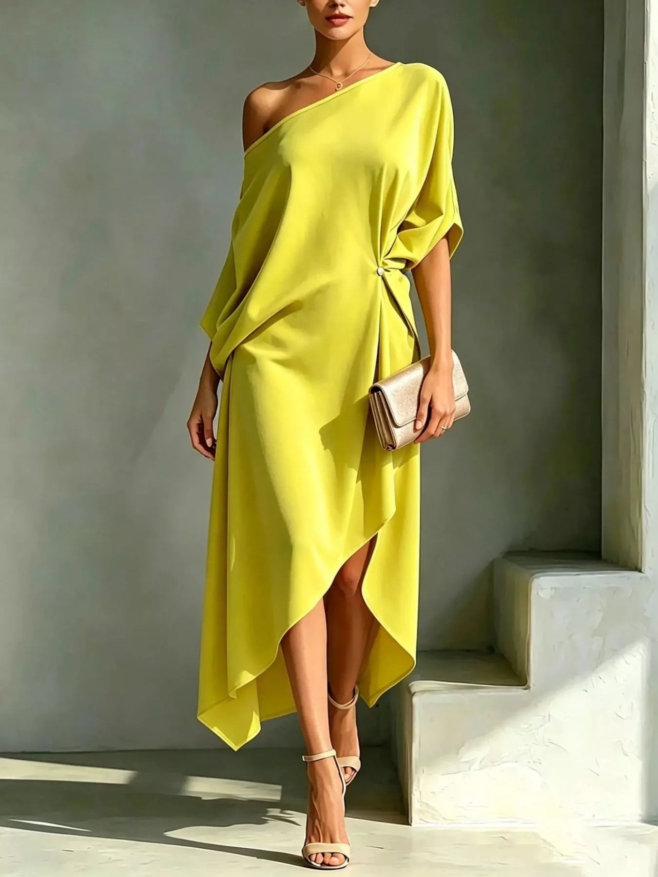 Asymmetrical One-Shoulder Drape Dress – Front View | Celina Studio