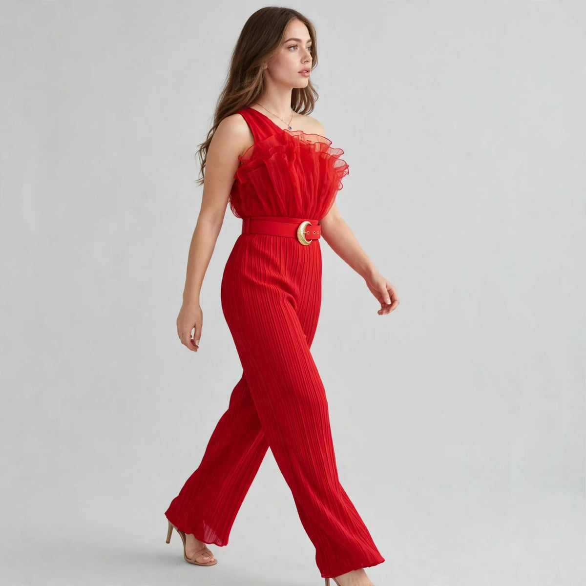 One-shoulder ruffle jumpsuit on model, back view