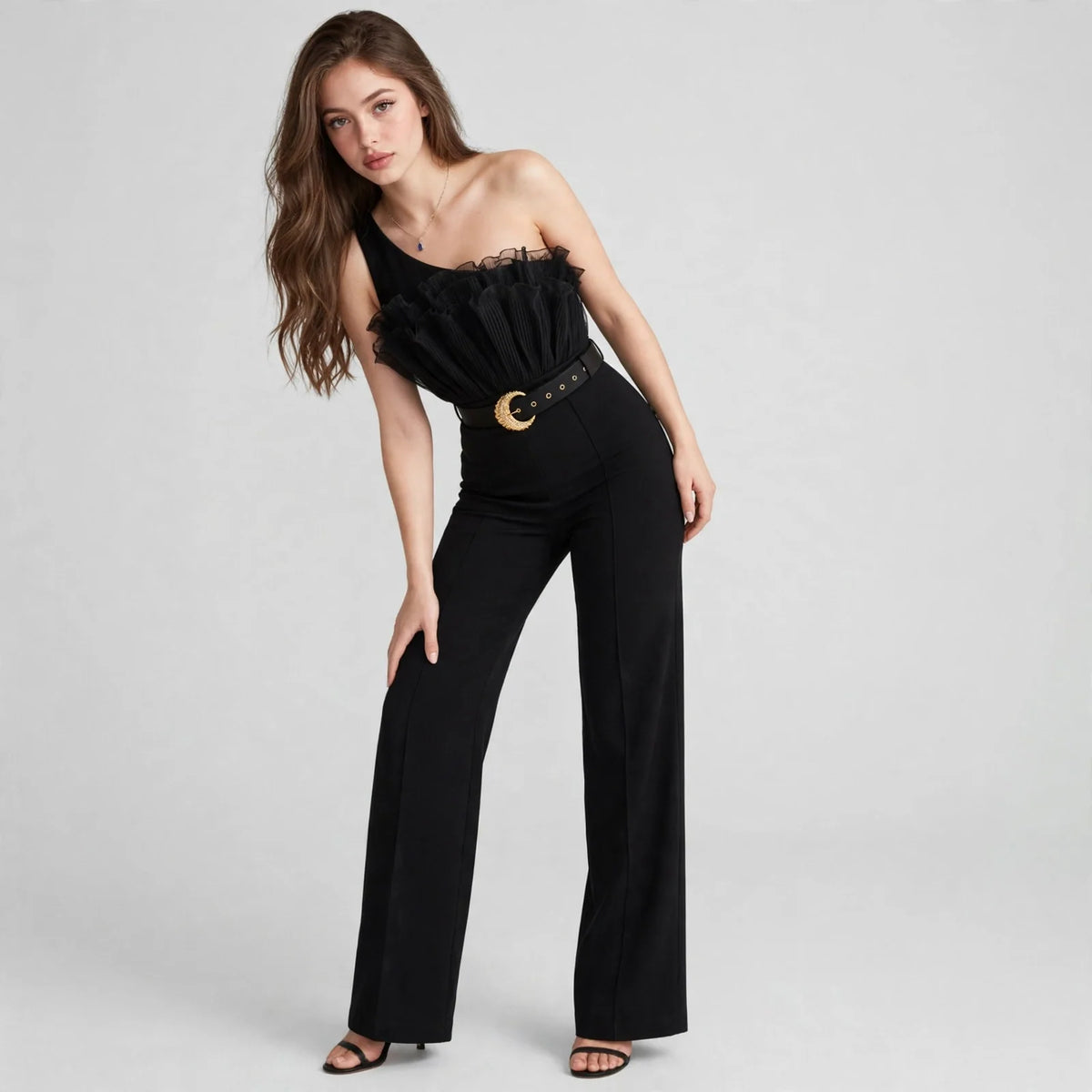One-shoulder ruffle jumpsuit on model, alternate angle