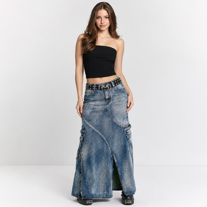 High-Waisted Denim Maxi Skirt with Zipper Slit