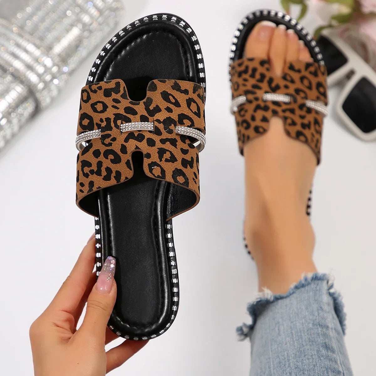 Open Toe Leopard Studded Flat Sandals – Detail View | Celina Studio