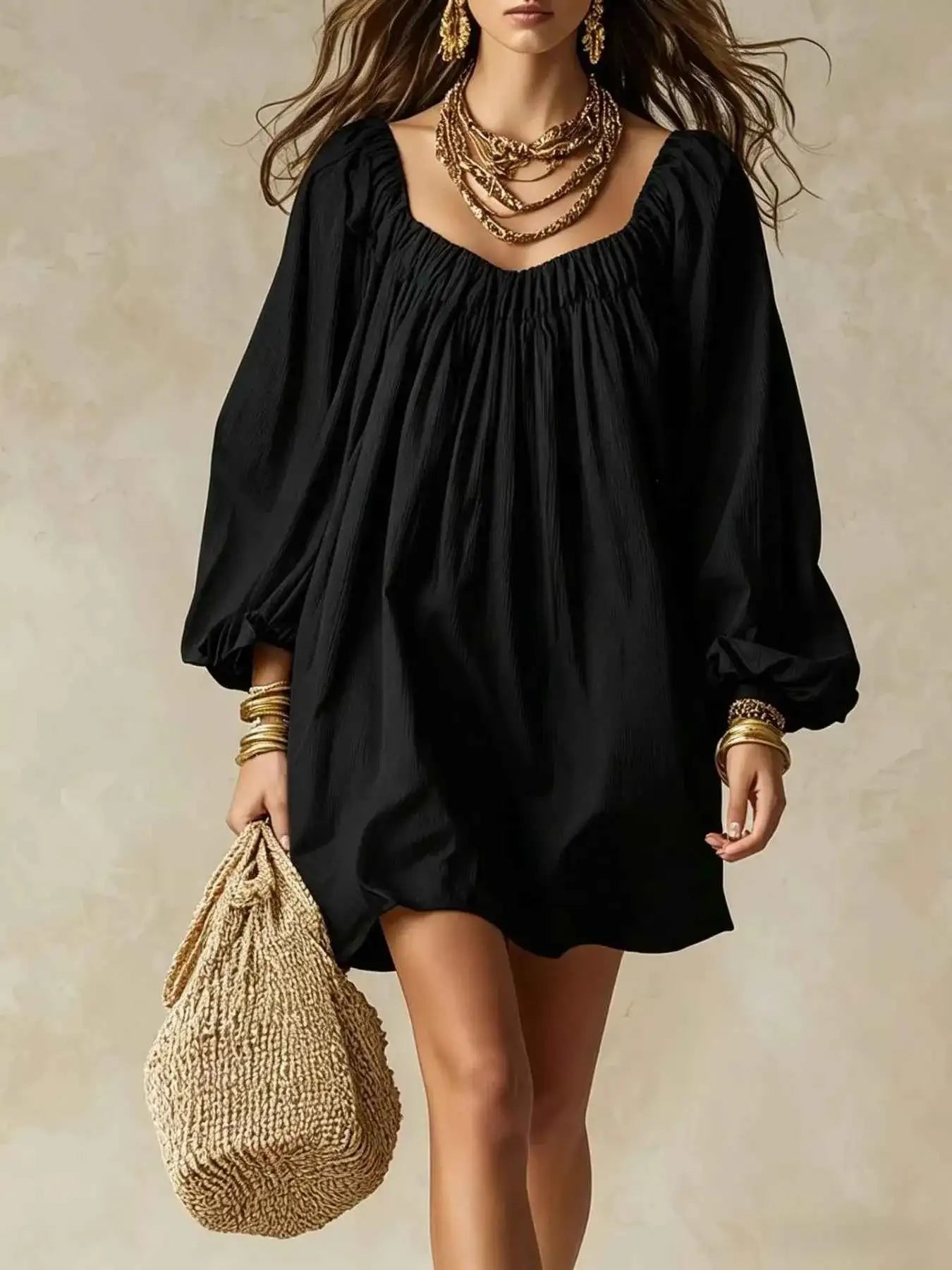 Flowy Balloon Sleeve Mini Dress