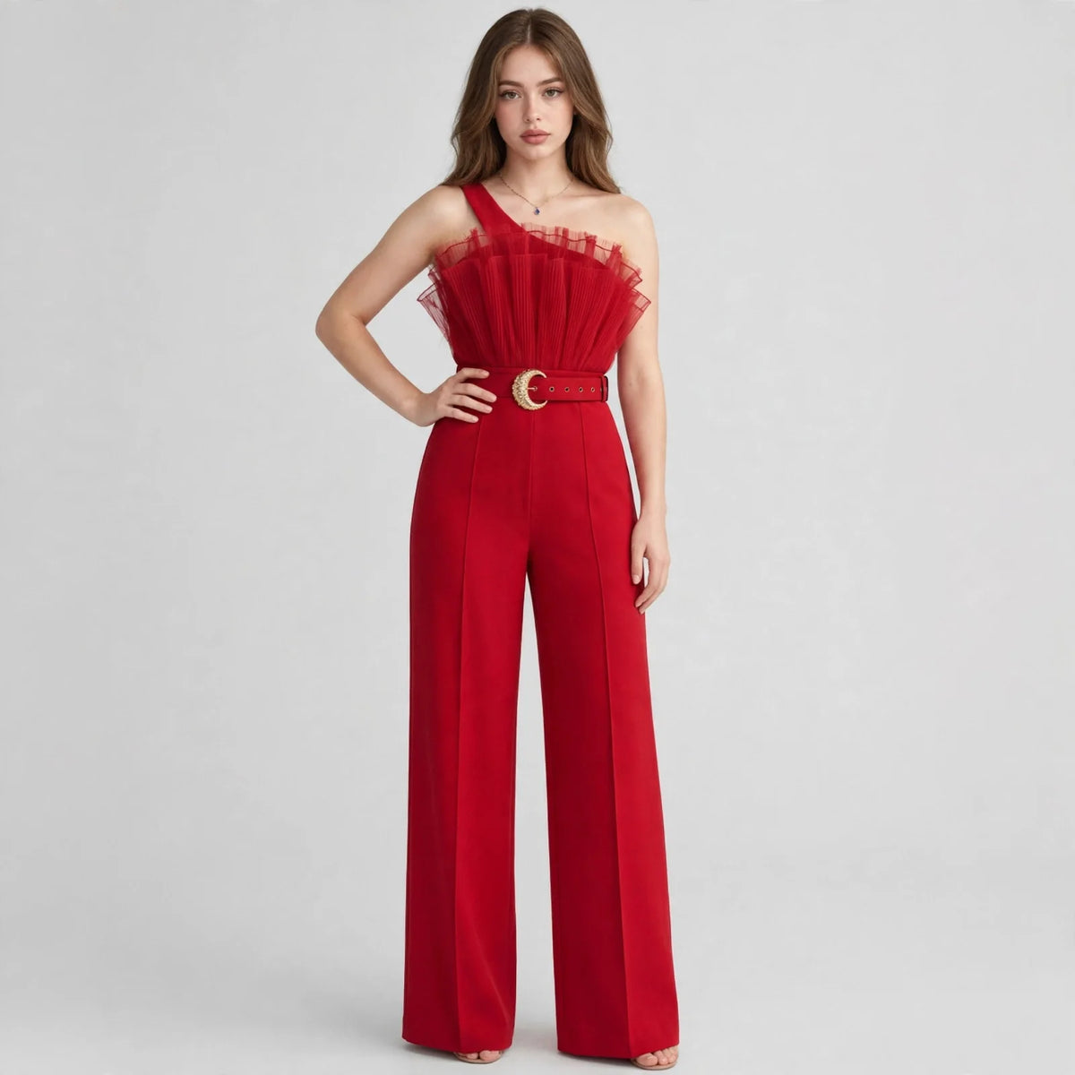 One-shoulder ruffle jumpsuit on model, studio shot