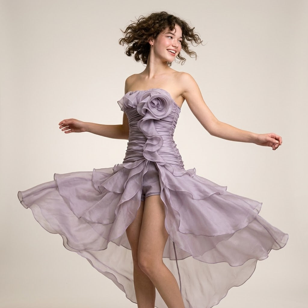 Ruffled High-Low Strapless Dress – Back View | Celina Studio