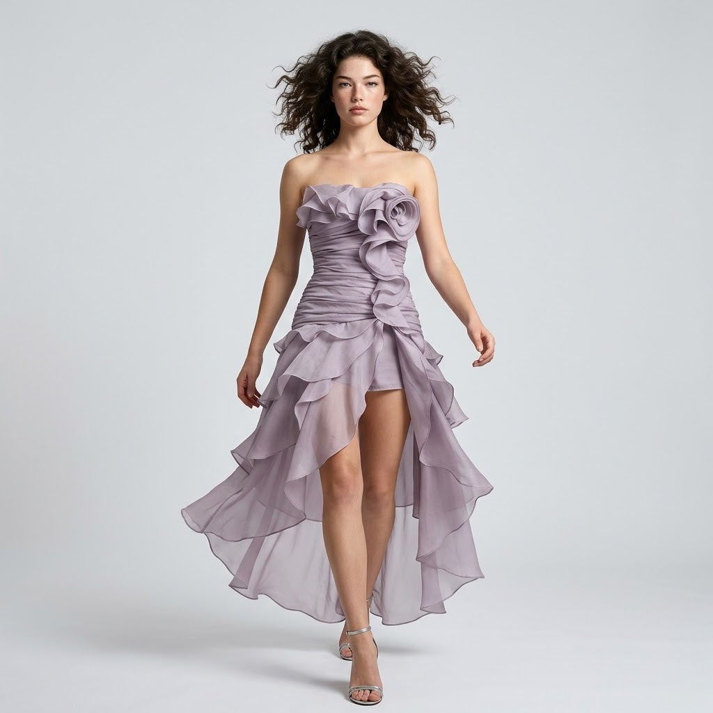 Ruffled High-Low Strapless Dress – Front View | Celina Studio
