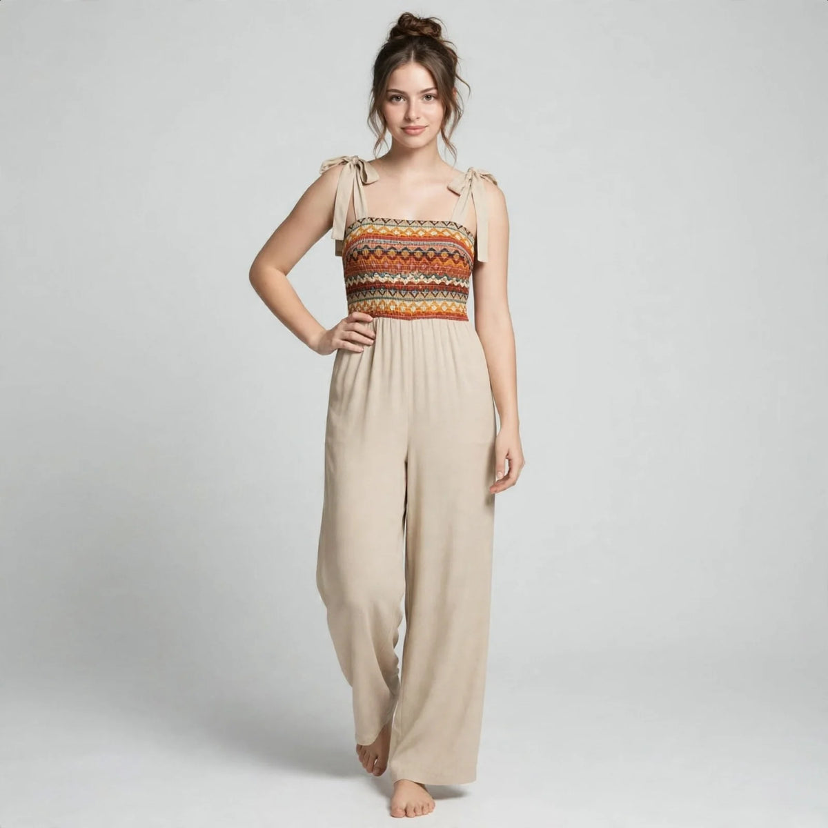 Tie-shoulder wide-leg jumpsuit on model, front view