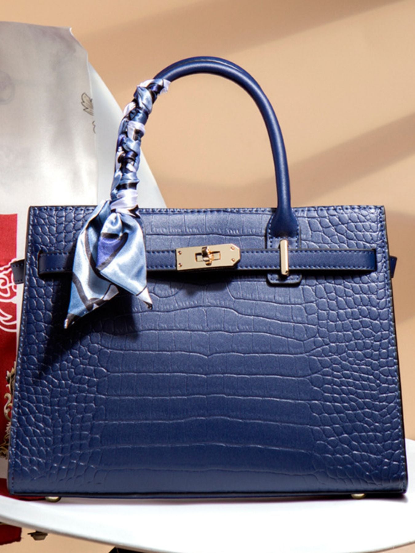 Crocodile-Embossed Top-Handle Handbag – Back View | Celina Studio