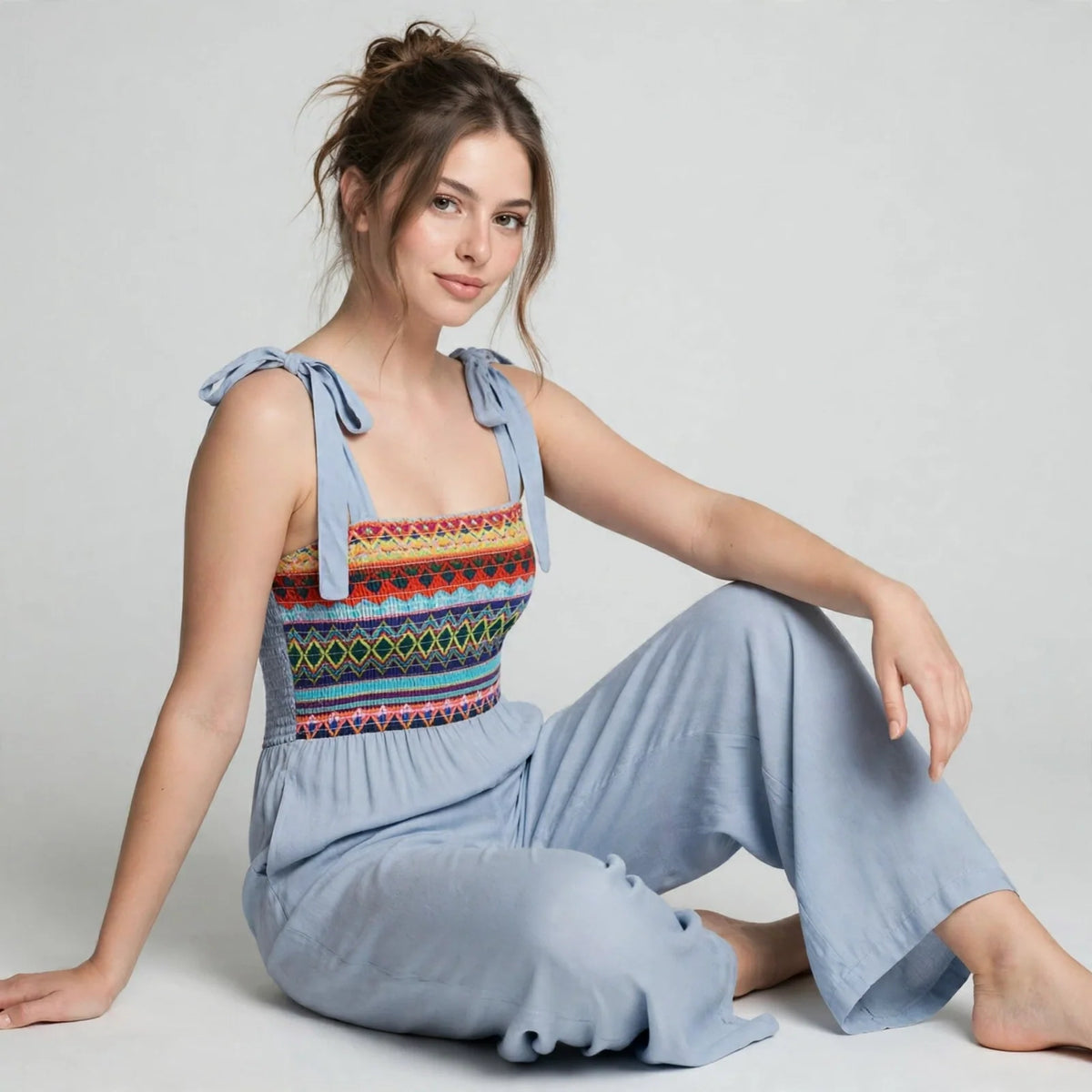 Tie-shoulder wide-leg jumpsuit on model, alternate angle