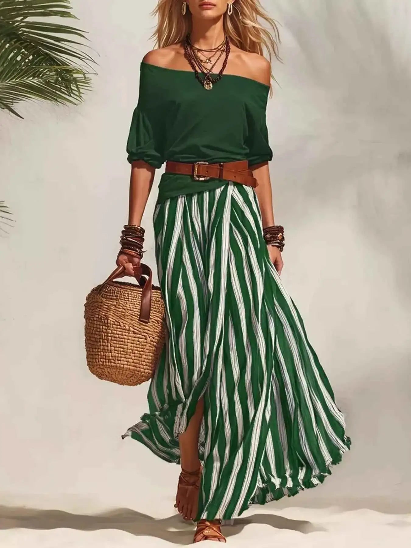 Off Shoulder Top and Striped Maxi Skirt Set with Belt