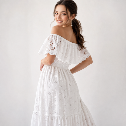 Off Shoulder Eyelet Lace Maxi Dress – Eyelet Lace Detail | Celina Studio