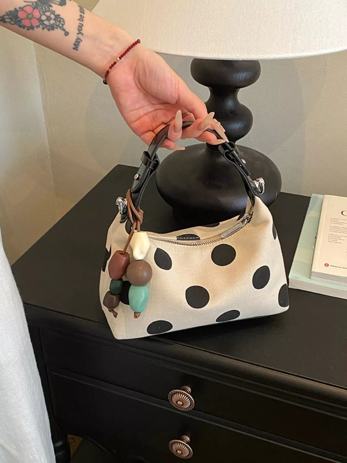 White Polka-Dot PU Leather Handbag – Handle Detail | Celina Studio
