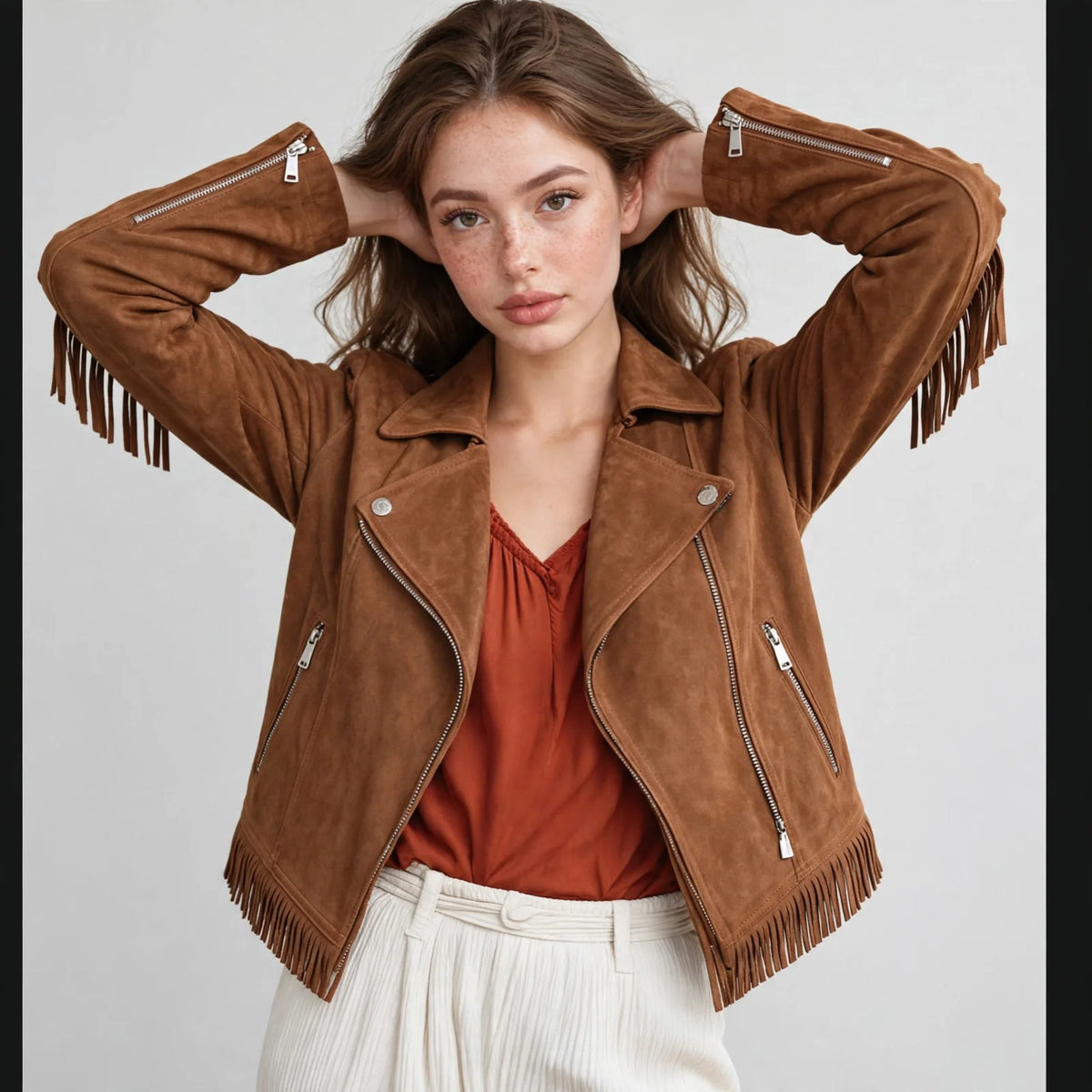 Woman with hands behind head in a caramel brown faux suede fringe moto jacket over a rust top and white pants, gray studio.