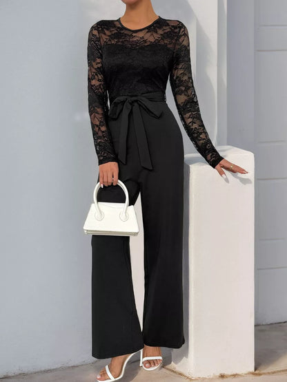 Lace Round-Neck Long-Sleeve Jumpsuit – Front View | Celina Studio