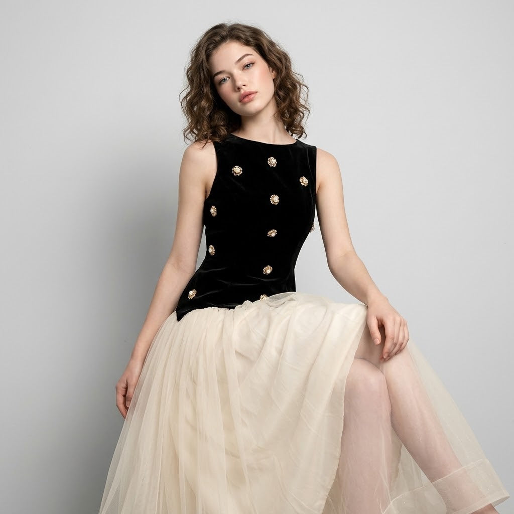 Sleeveless Tulle Maxi Dress – Side View | Celina Studio