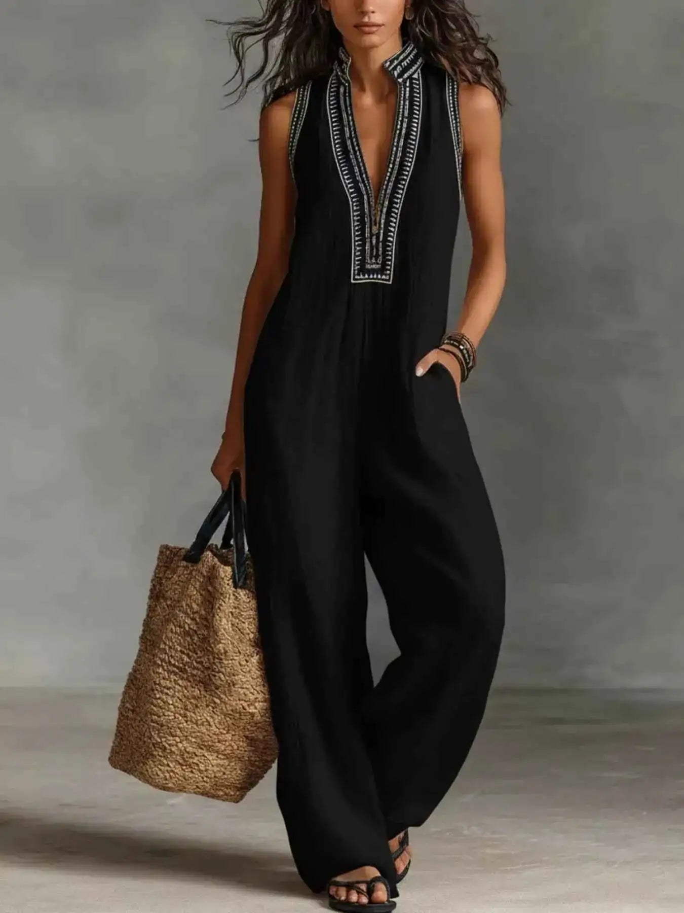 Sleeveless Wide-Leg Embroidered Jumpsuit