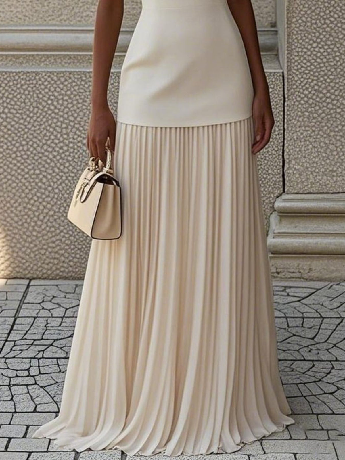 White Sleeveless Pleated Maxi Dress – Side View | Celina Studio