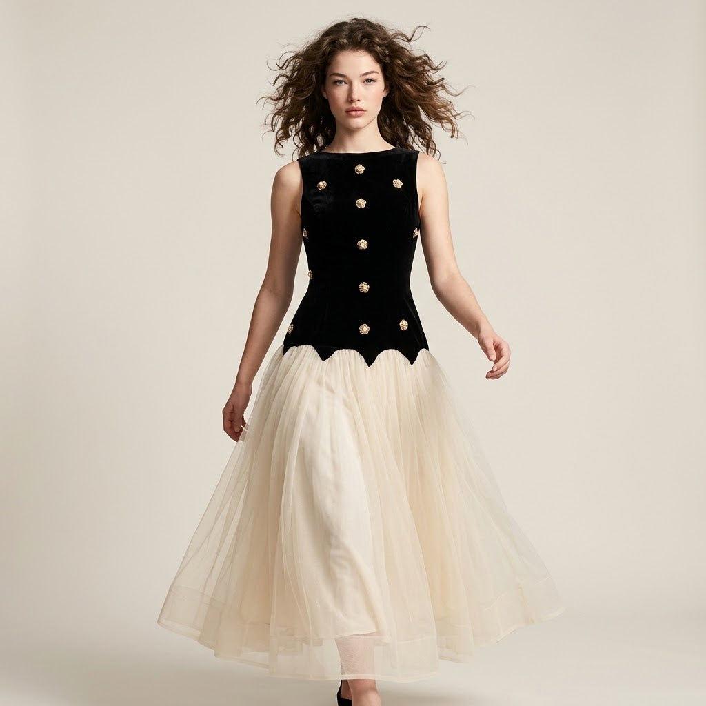 Sleeveless Tulle Maxi Dress – Tulle Fabric Detail | Celina Studio